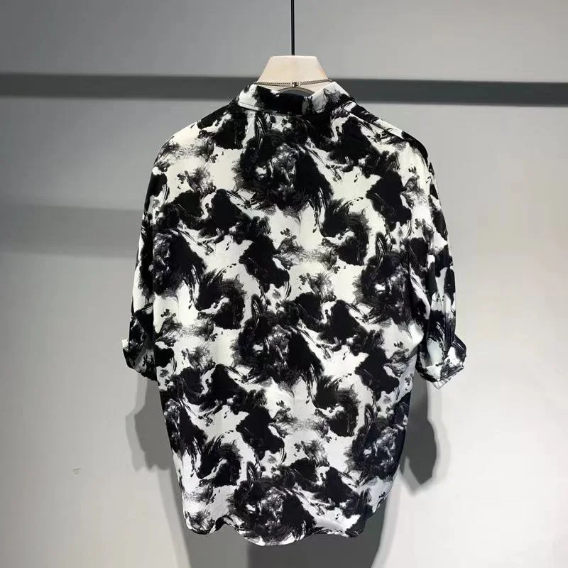 Men's Summer Trendy Vintage Ink Painting High Street Button Down Shirt Casual Lapel Short Sleeve Oversize Tops Camisa Masculina