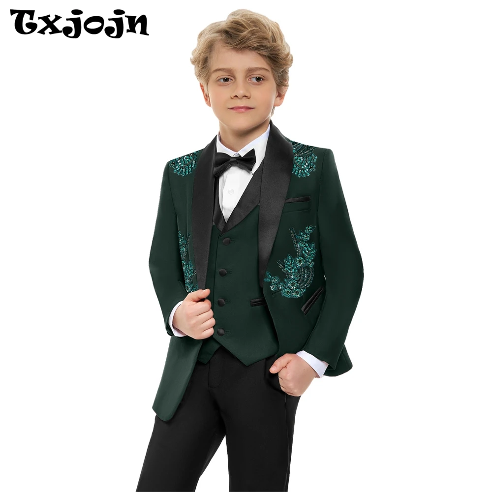 Stunning Luxurious Beaded Kids Suits Set 4 Pieces Handsome Dark Green Children's Tuxedo Party Wear Easter Boys Blazer In Stocks