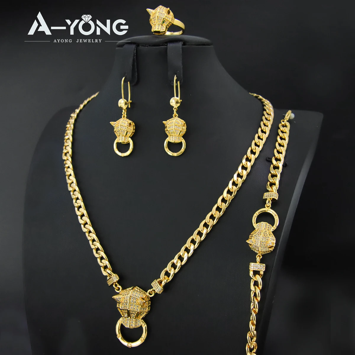 Fashion Hip Hop Leopard Head Jewelry Set 21k Gold Plated Italian Punk Zirconia Panther Necklace Arabic Women Vintage Jewelrys
