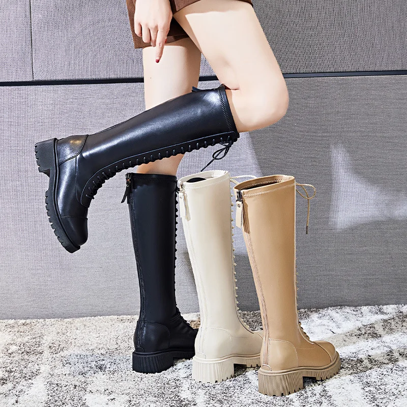 

Bandage Knee High Boots Women Winter Warm Fur Shoes 2022 Spring New Lolita Shoes Black Thick Heel Boots Genuine Leather Casual