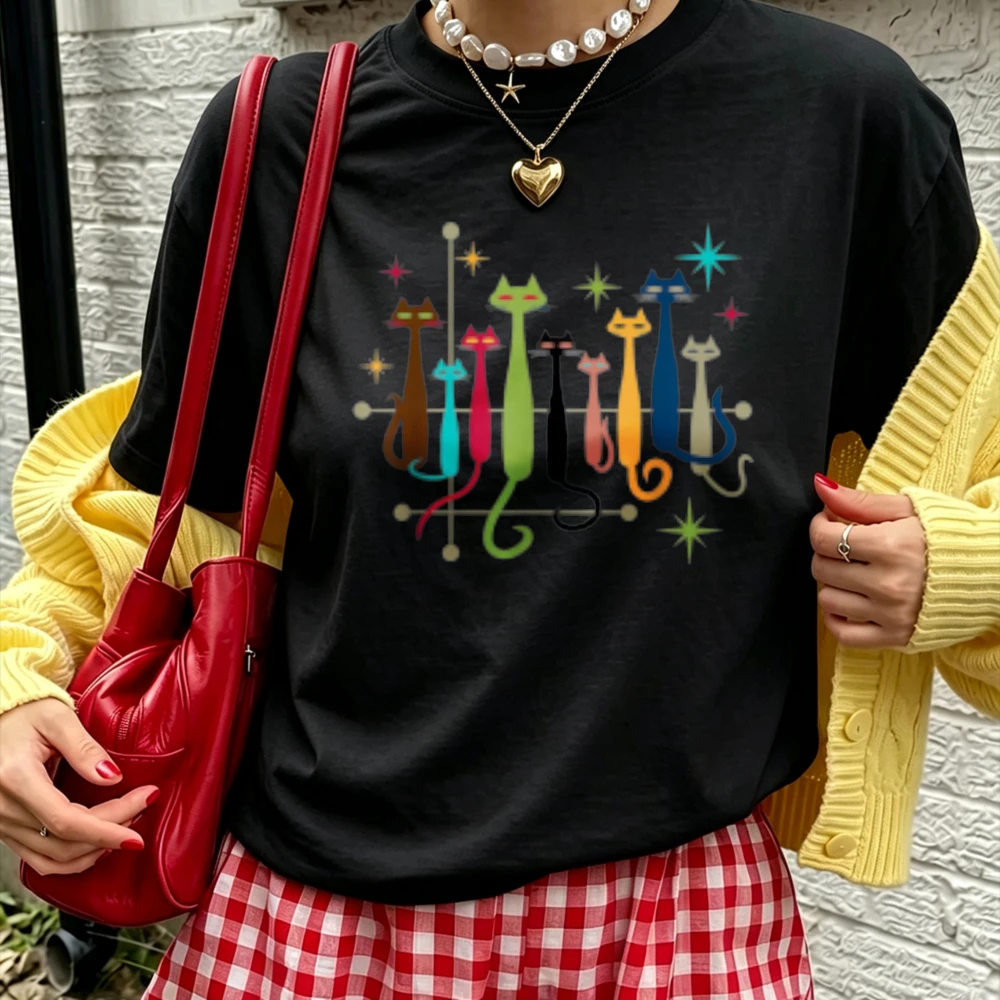 Mid Century Modern Long Neck Colorful Cats Geometric Starburst Abstract Print Women Cotton T Shirt Vintage Kitty Art Casual Tops