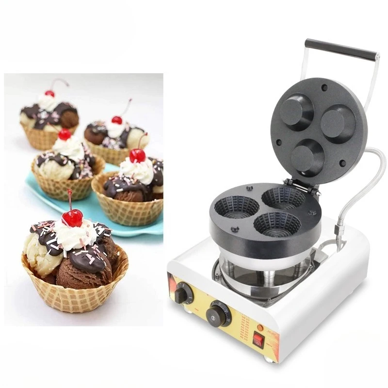 3-Hole Commercial Waffle Crisp Bowl Machine, Crispy Waffle Cone Bowl Maker for Ice Cream, Strawberry Sweet Dessert