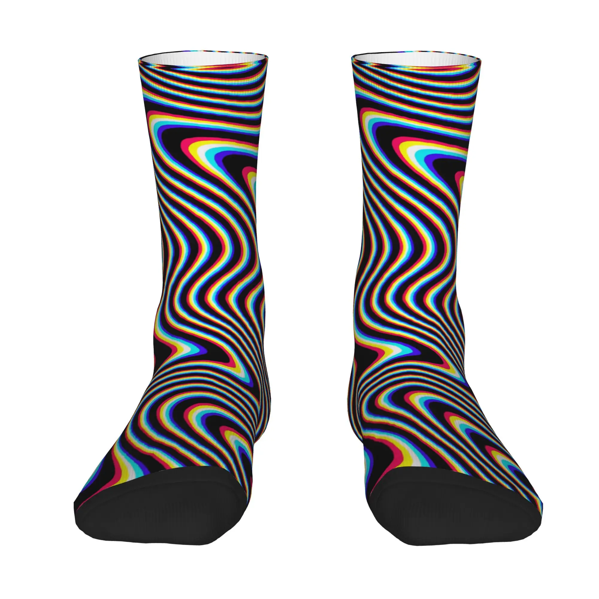 Psychedelic Rainbow Wavy Stripes Black Background Abstract Art Stockings  Korean Socks Men Soft Socks Anti Skid Socks Gift