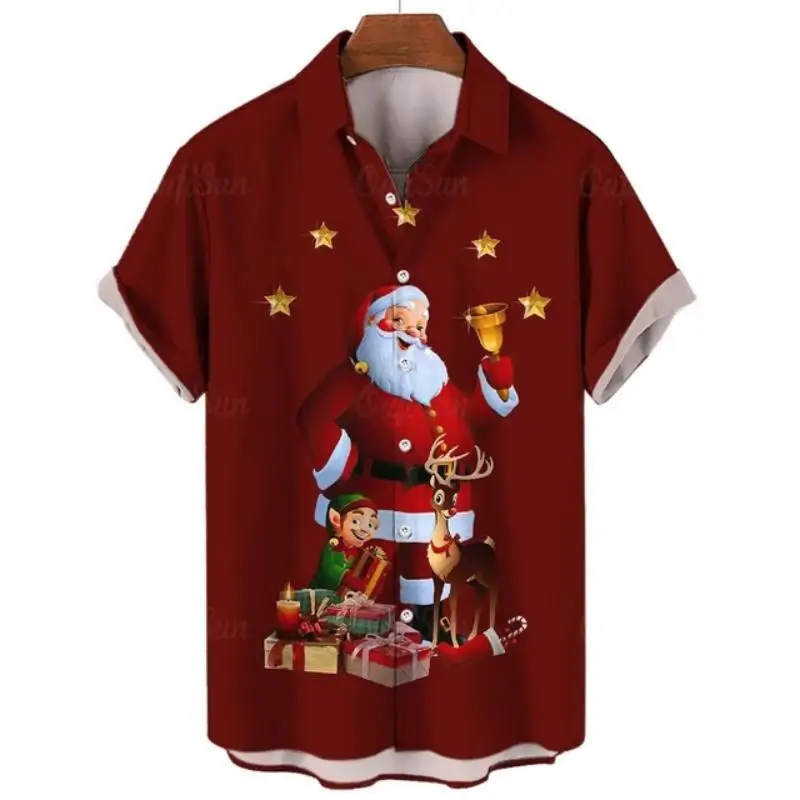 New Year Gift Christmas Funny Graphic Snowman Men's Shirt Santa Claus Short Sleeve Tops 3d Print Casual Beach Oversized Apparel