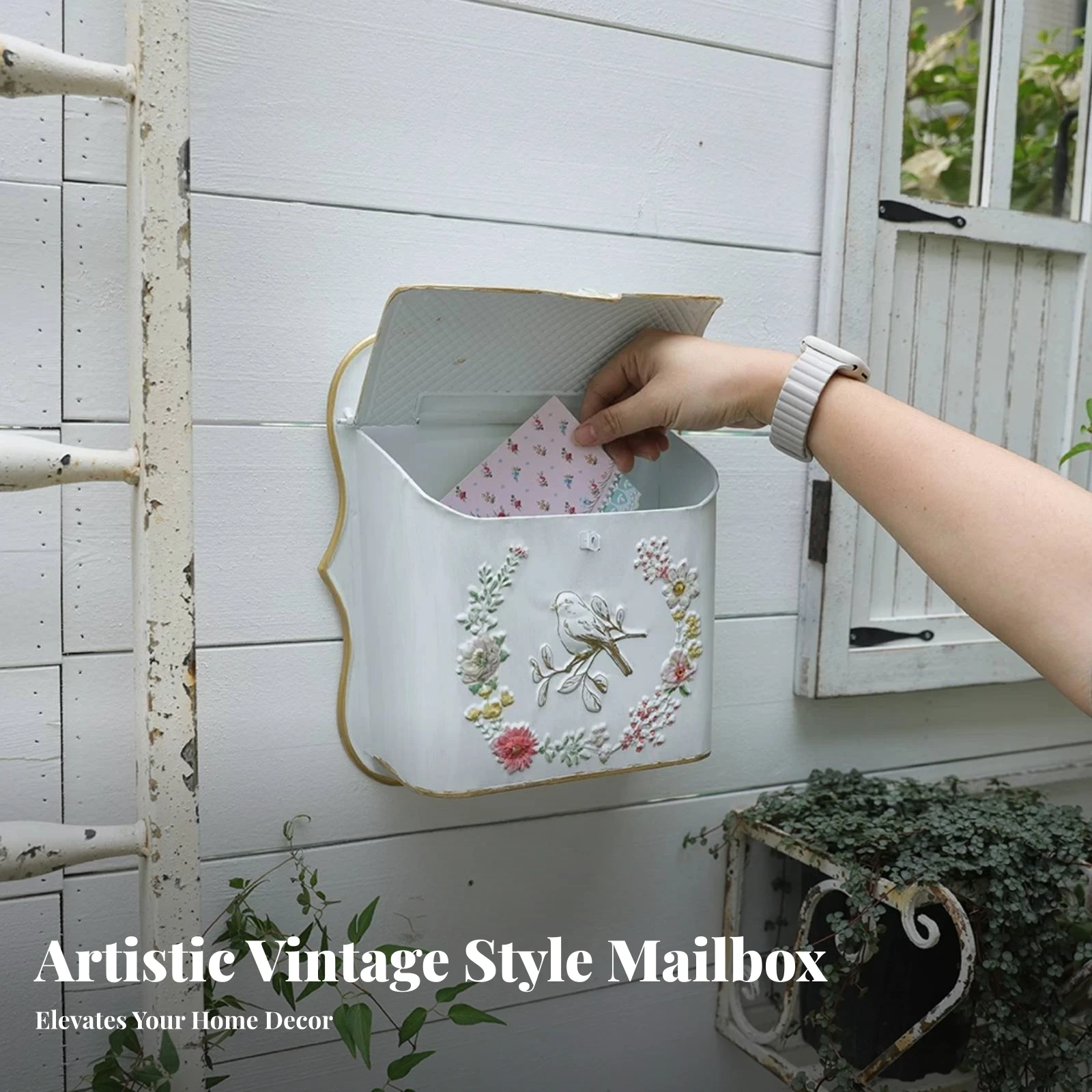 Vintage Post Box Decor Item Embossed Floral Bird Mailbox Hinged Lid for Indoor Display