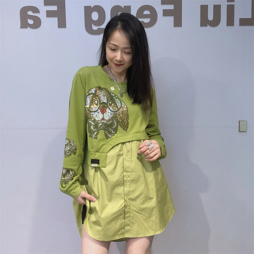 Sequins Cartoon Patchwork Long Sleeve Sweatershirts Woman Casual False Two Piece Oversized Pullover Tops Vestidos Bust120cm 2026