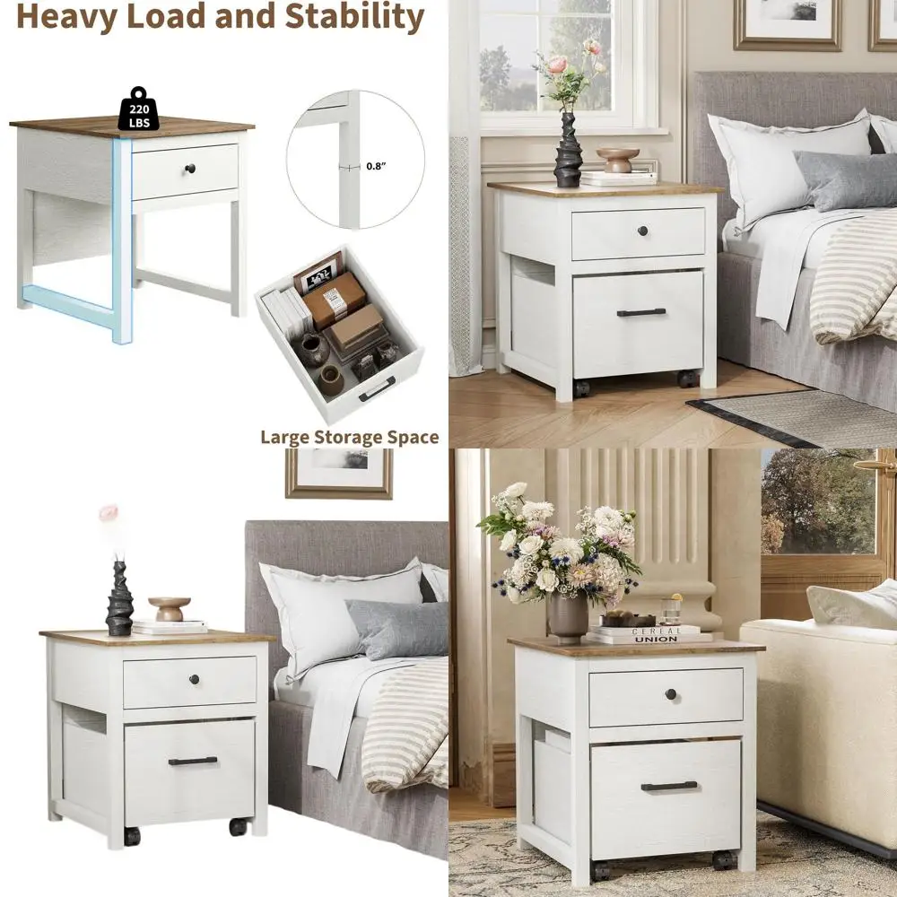 

Wheeled Large Nightstand with Drawer and Lockable Casters, 21.2 Deep x 19.6 Wide x 22 Tall, White Storage Side Table for Home an