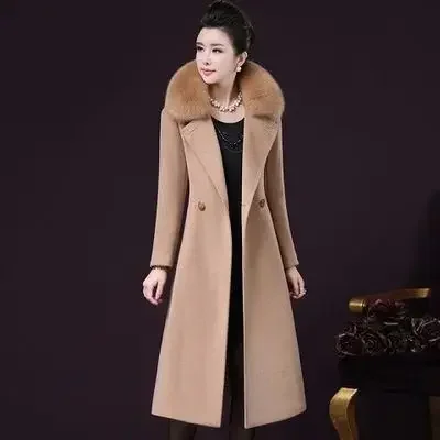 

2024 New Fashion Double-Sided Cashmere Coat Autumn Winter Middle-aged Women Faux Fox Fur Collar Wool Coats Long Jackets E92