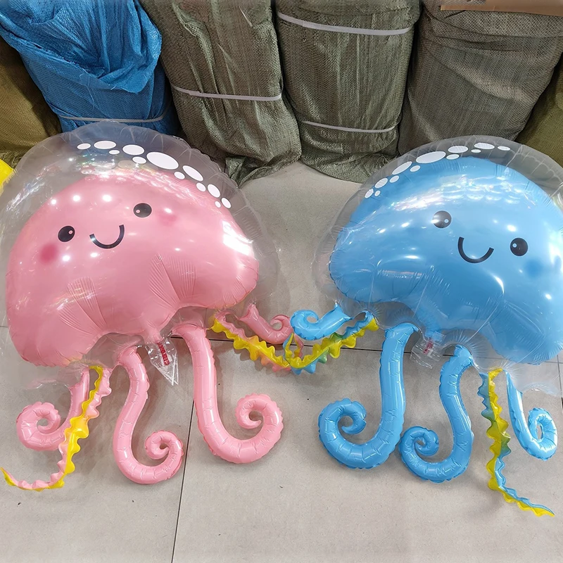 1Pc Pink Blue Purple 3D Double-layer Bubble Cute Jellyfish Octopus Aluminum Foil Balloon Ocean Themed Birthday Party