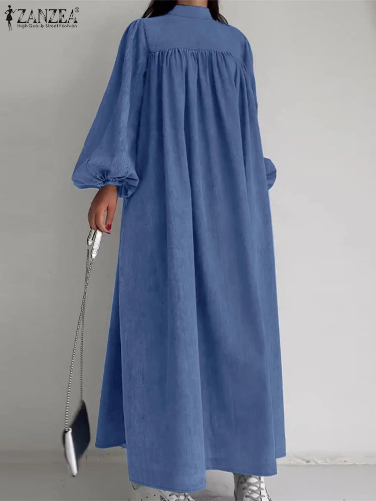 ZANZEA Lantern Long Sleeve Gathering Maxi Dress Casual Women Streetwear 2025 Spring Robes Stand Collar Denim Blue Long Vestidos