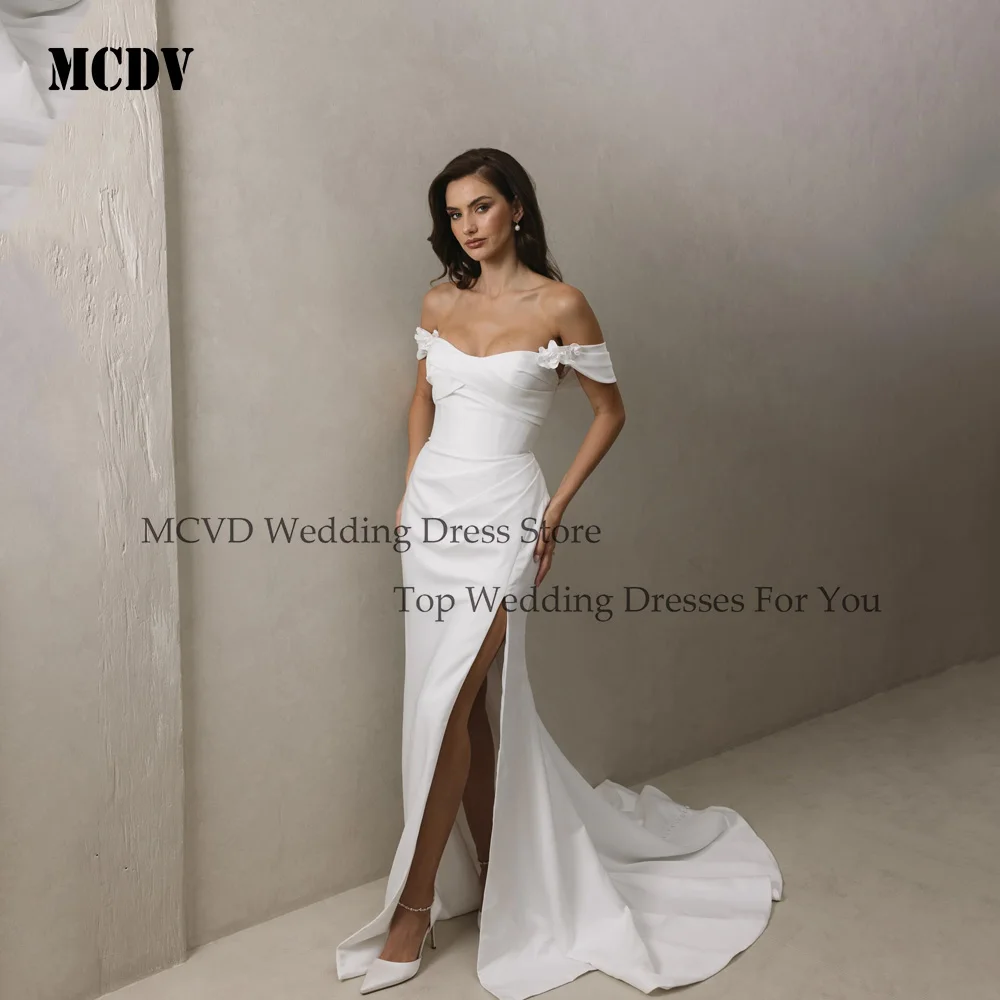 

MCDV Elegant Split Mermaid Wedding Dresses Off Shoulder Detachable Long Train Satin vestidos de novia Button Back Customized