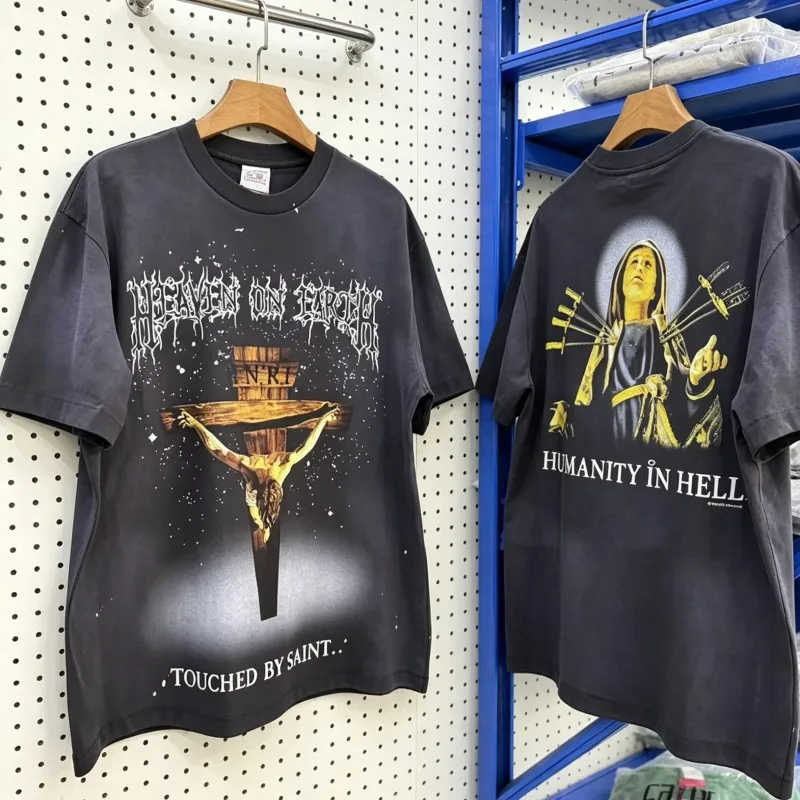 Character Cross Pattern Saint Tshirts Casual Washed Retro Distressed Splashed Ink Short Sleeve Summer Street Outfit Men Women