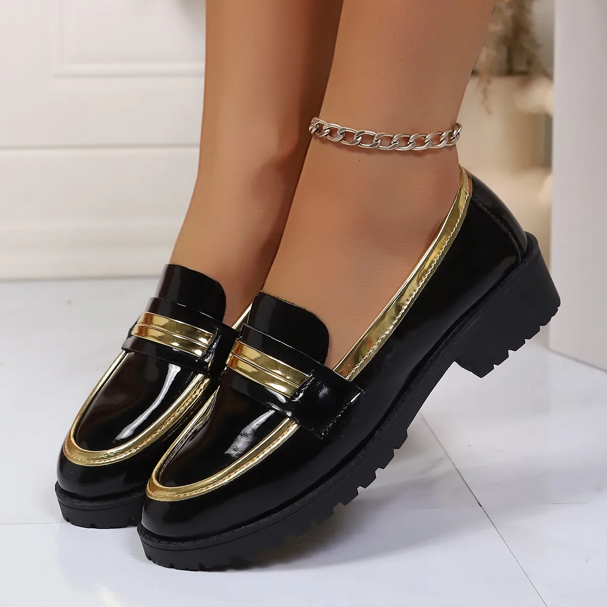British‑Style Women Casual Loafers, Spring All‑Match Black Color‑Block Chunky Platform Elevated Heel Fashion Daily Walking Shoes