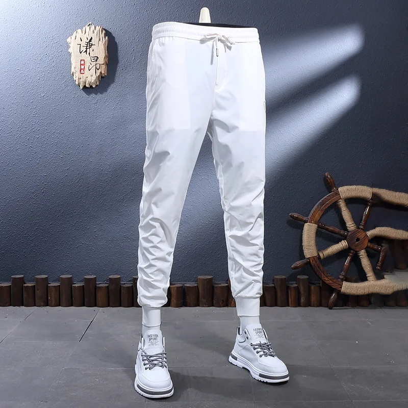 2025 Summer Thin Men's Quick Drying Pants White Breathable Elastic Slim Fit Leg Tight Casual Sports Pants