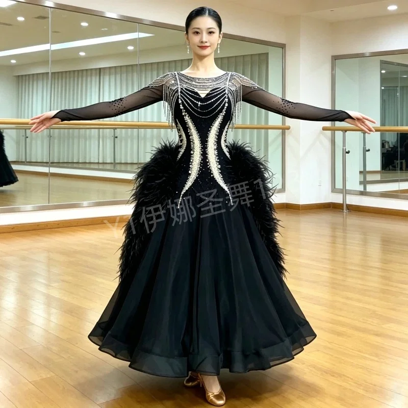 Customized National Standard Dance Competition and Performance Costumes with Ostrich Feathers for Waltz, Tango, and Modern Dance