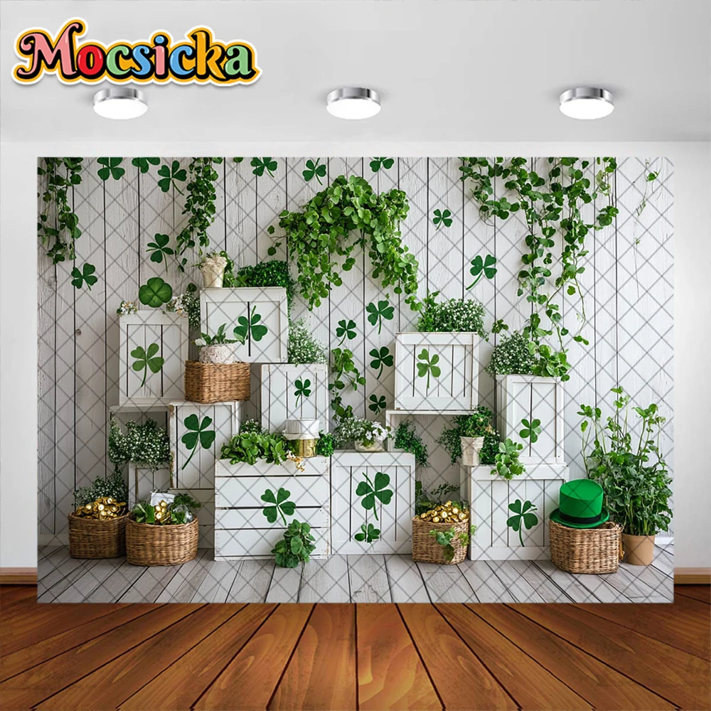 Mocsicka Photography Background Spring Four-leaf Clover Leaves Flower Decora Backdrop Baby Birthday Shower Portrait Photobooth