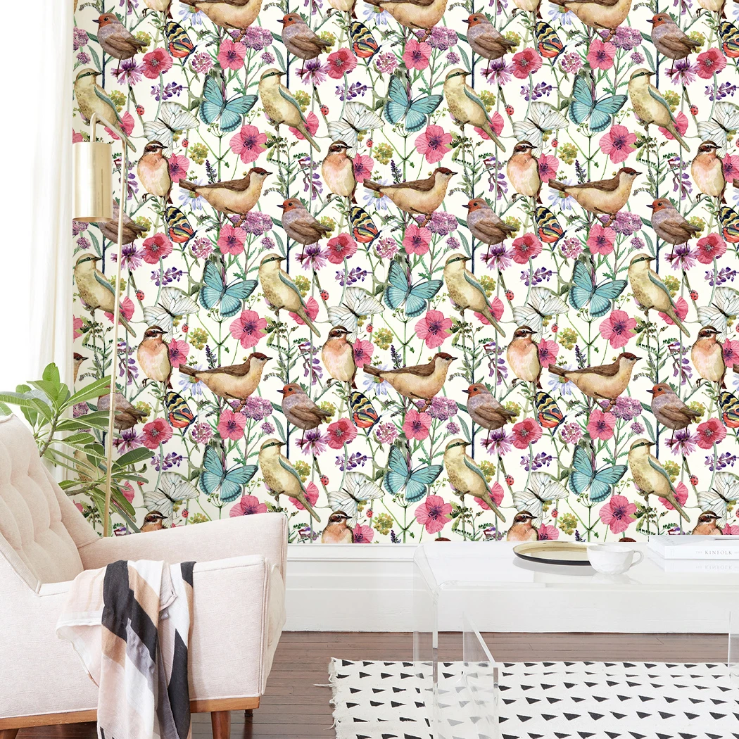 1pc Colorful Bird & Butterfly Peel And Stick Wallpaper Vintage Floral Removable Self-Adhesive Printed Paper for Home Decor