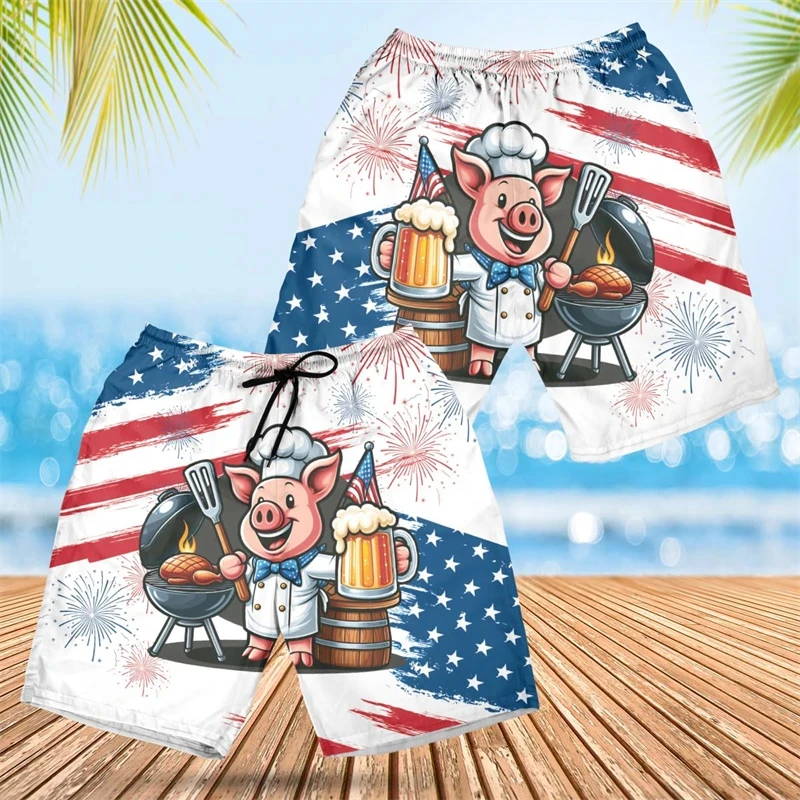 Kawaii Cartoon Pig Graphic Short Pants For Men Clothing Funny Design Beach Shorts Hawaiian Swim Trunks Women Aloha Trousers 2024