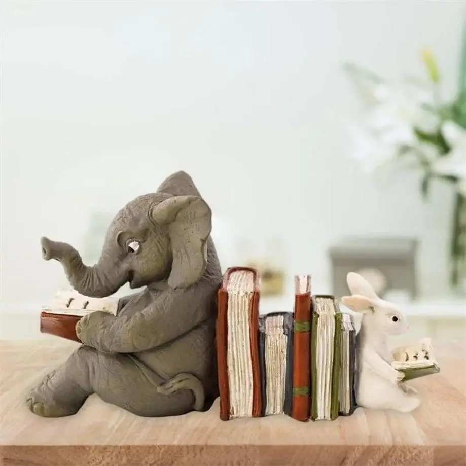 

1 Pcs Elephant And Rabbit Reading Learning Statue Bookend Resin Animal Statue Decoration Home Decor