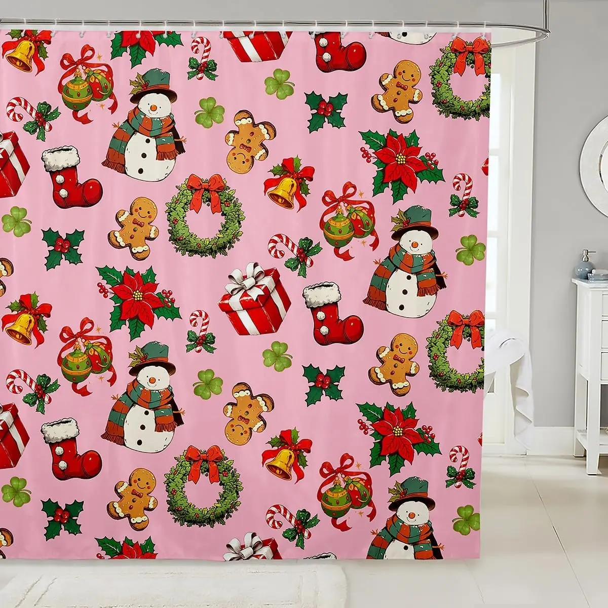 

Merry Christmas Shower Curtains Cute Snowman Bathroom Curtain for Kids Women Men Gingerbread Man Bathroom Accessories Pink