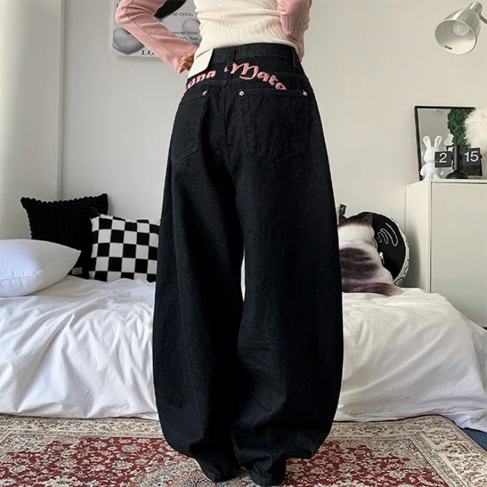 Cute Embroidered Letter Pink Denim Pants Wide Leg Loose Fit Women's Jeans Natural Waist Long Trousers Outdoor Casual Cotton