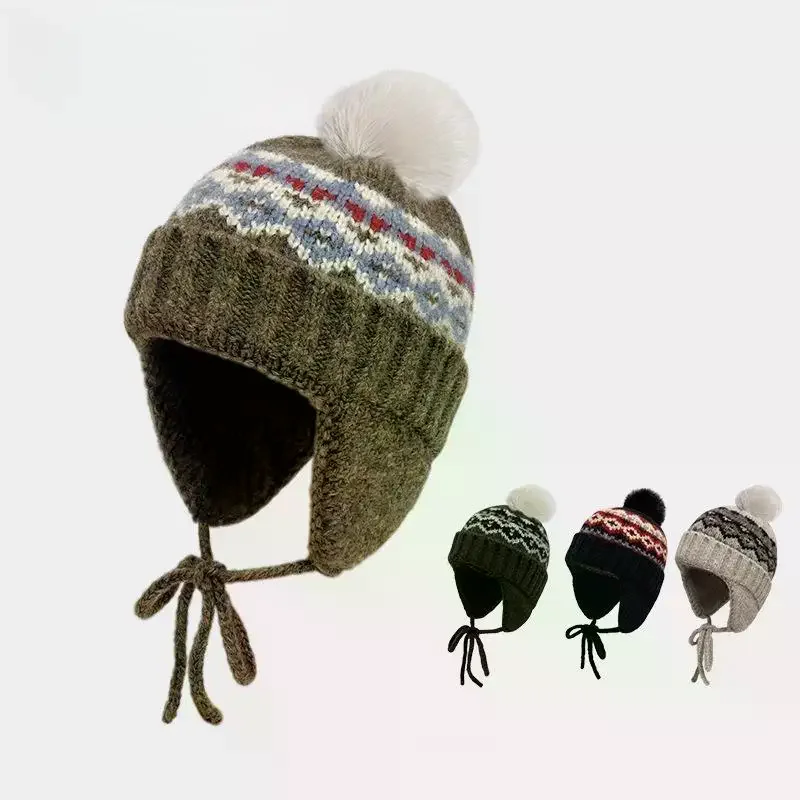 Fair Island Style Retro Jacquard Knitted Beanies Cap For Women Autumn Winter Warm Versatile Cute Pom-pom Ear Protection Hat