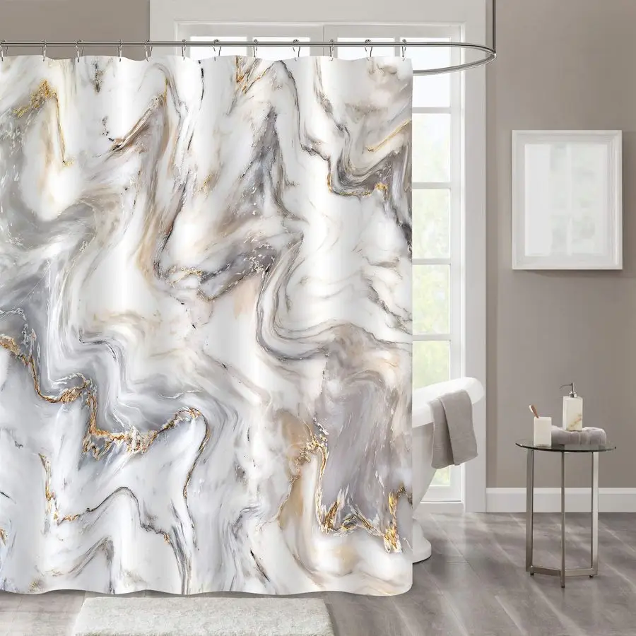 

Extra Long Shower Curtain 72 x 84, Tall Abstract Grey Gold Marble, Modern Luxury Neutral Art Waterproof Fabric Shower Curtain fo