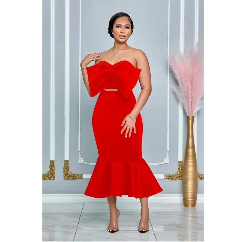 KEXU Big Bow Front Hole Strapless Midi Dress  Women Summer Street Vestidos Sexy Strapless Party Evening Chic Mermaid Dresses