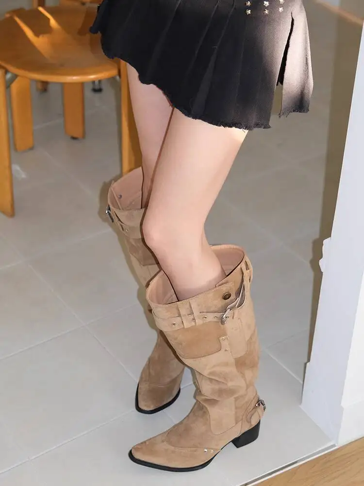 Women Calf Boots 2025 Autumn Winter New Women's Ankle Boots Khaki Suede Pointed Toe Block Heel Slim Fitting Ruched Slouchy Boots