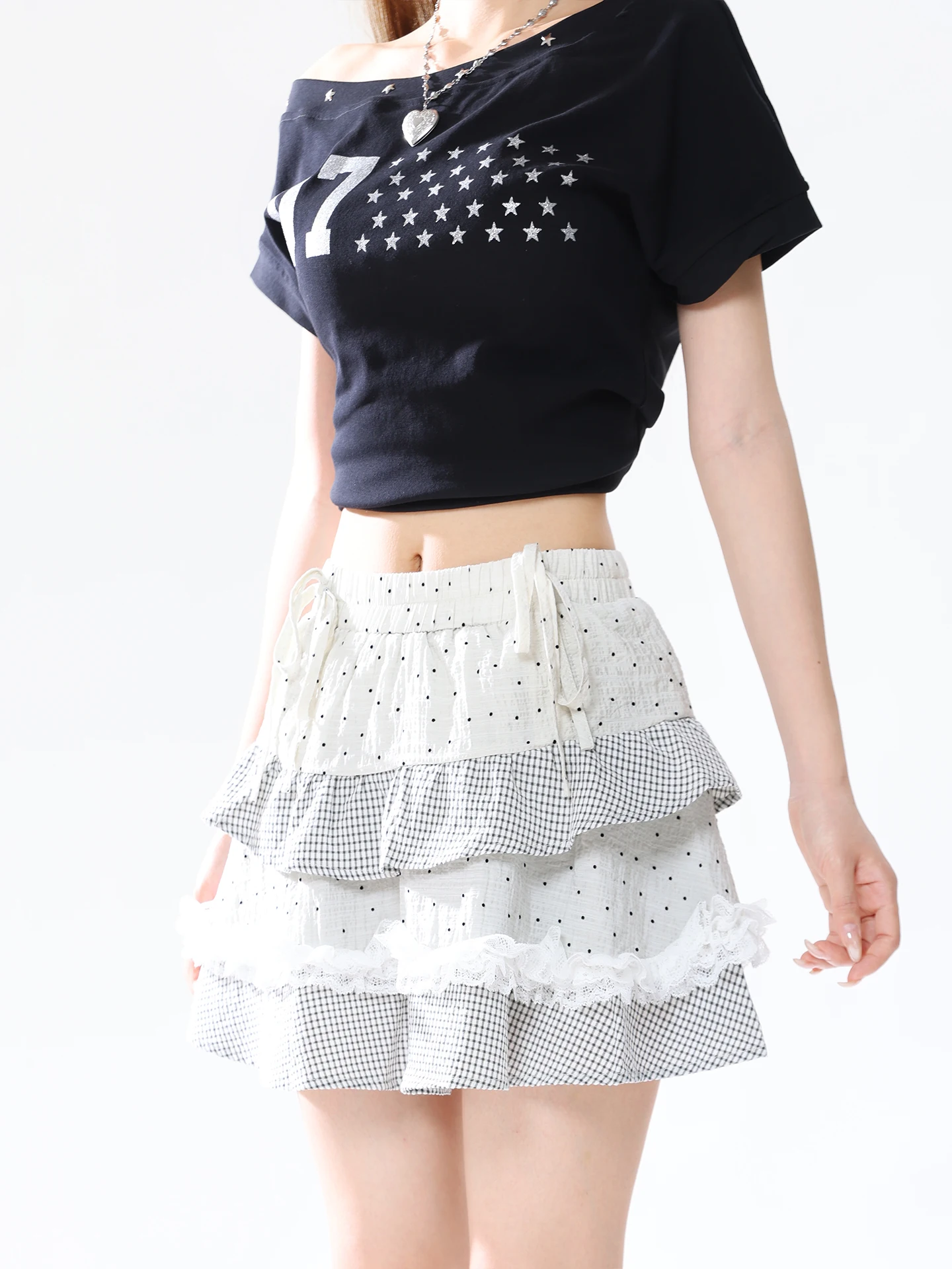 Summer New Polka Dot Splice Cake Skirt Women's A-Line  Skirt Lace Flounce Half-length Skirt Light AONW Cute Series