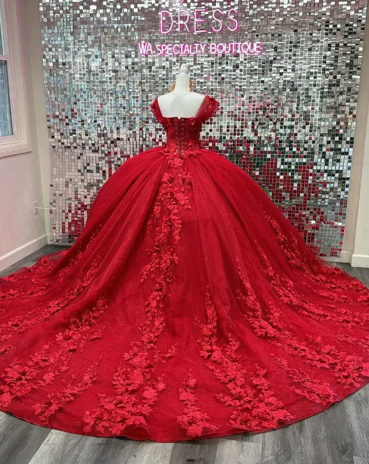 

Красные Роскошные платья принцессы Quinceanera 3D Цветочная блестящая Юбка милая шнуровка корсет vestidos de 15 quinceañera 2024