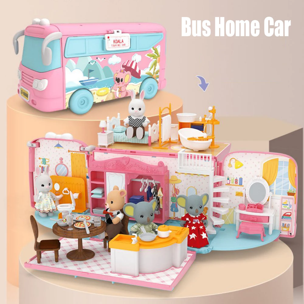 

1/12 Scale Mitcien Bus Dollhouse Playset DIY Caravan Camper Car Toy Bunny Doll Animal Cottage Set Miniature Furniture Girl Gifts