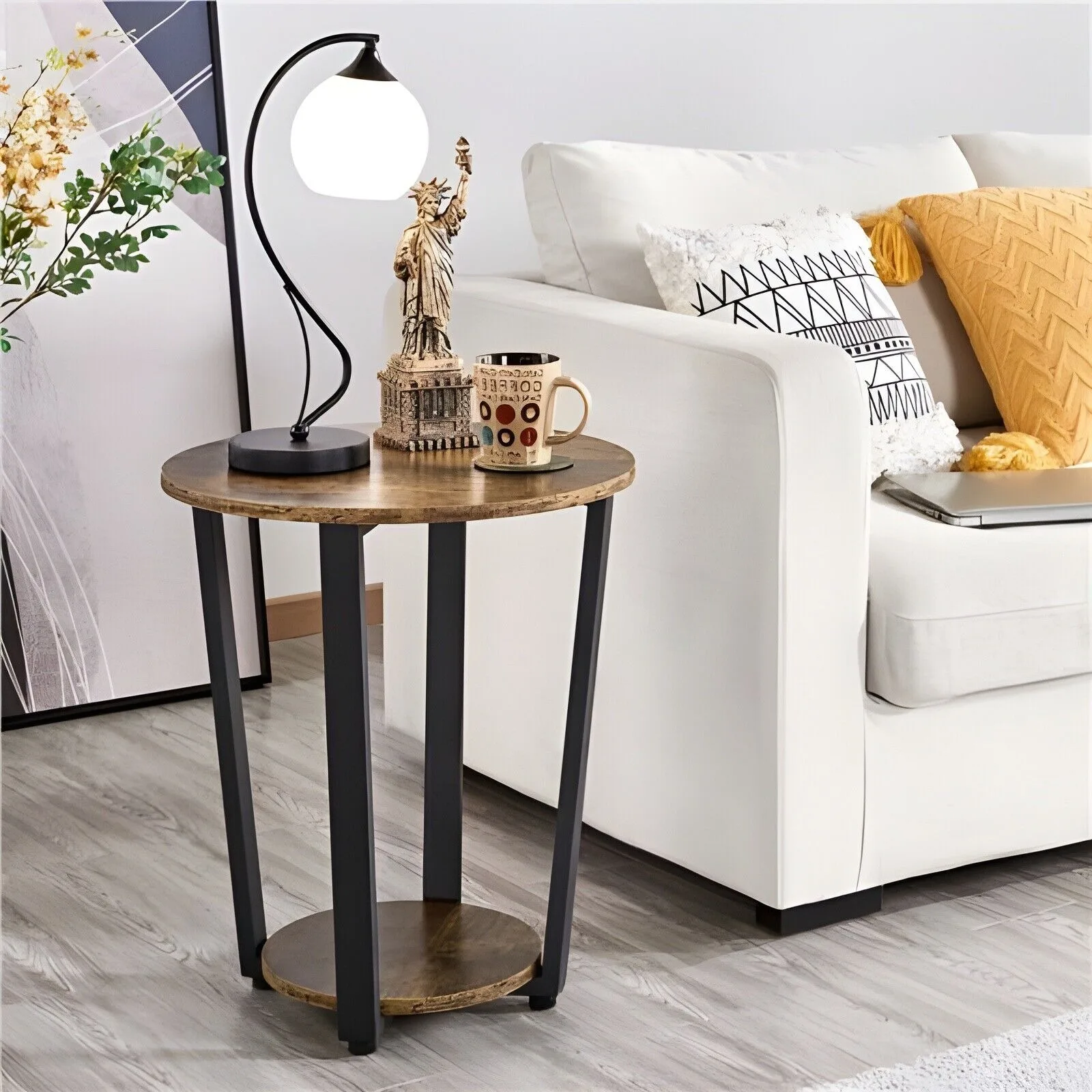 

Industrial Round Side Table with Storage Sofa End Table Night Stand Metal Frame United States