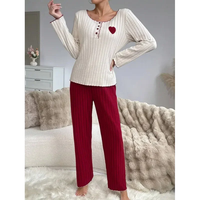 

Women Autumn Winter Sleepwear Casual Long Sleeve Heart Printd Tops and Long Trousers Pajamas Set Homewear Loungewear