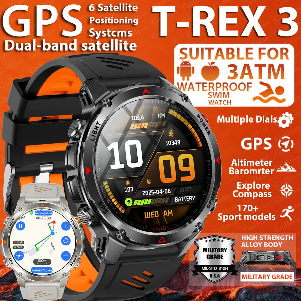 

2025 New Bulit-in GPS Military Smart Watch AMOLED BT Call Compass Altimeter Barometric 3ATM Waterproof Sports Smart watch Men