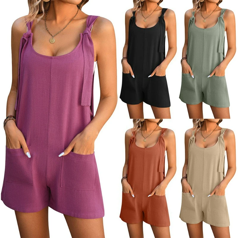 

Playsuits Women One Piece Overalls Jumpsuits Sleeveless Beach Shorts Rompers Loose Pockets Spliced Summer 2025 Y2k Streetwear