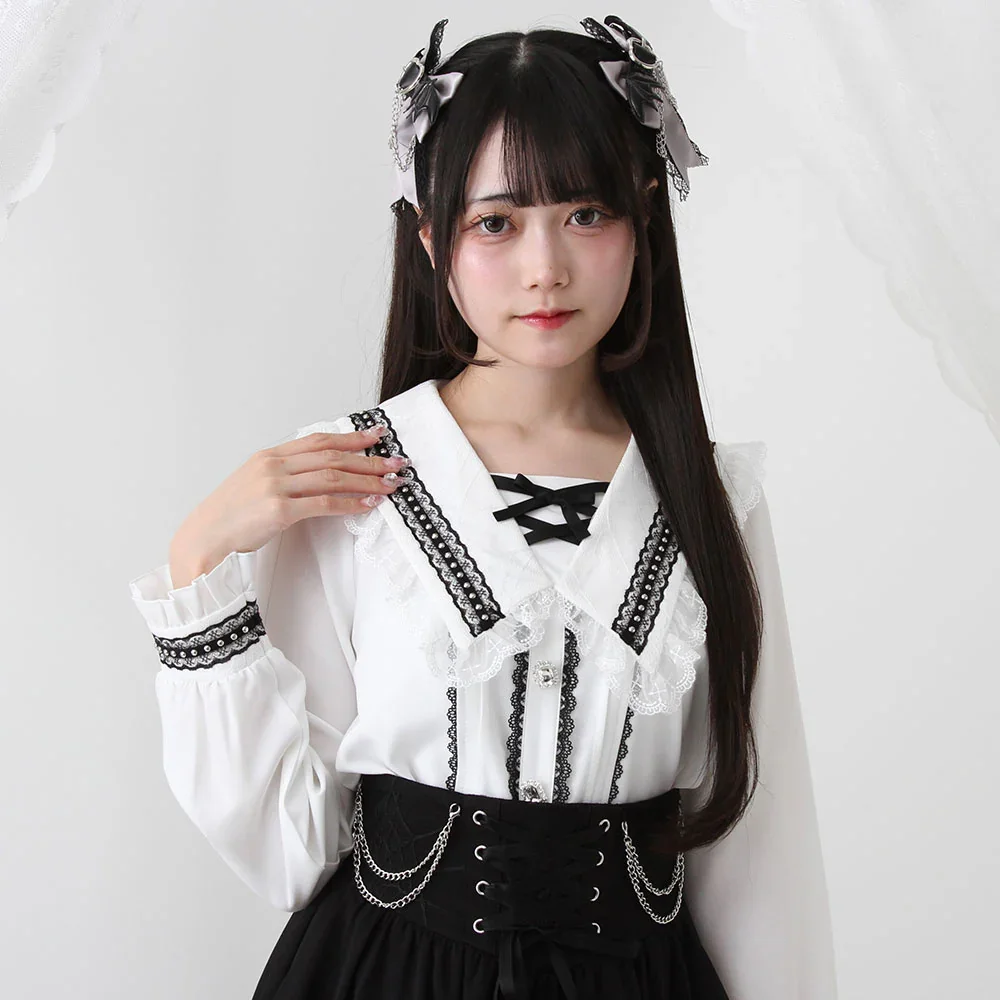 Japanese Mine Style Shirt Cute Sweet Lace Stitching Long Sleeve Single Breasted Versatile Lolita Shirts Blouses Top Women Spring