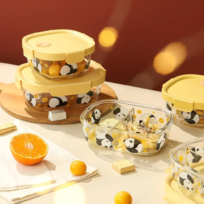

Microwave Oven Special Glass Lunch Box Cute Panda Lunch Box Transparent Heat-resistant Fresh-keeping Box with Lid for Home Use