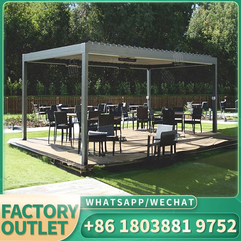 

Newly designed outdoor electric shading aluminum roof pergola, courtyard gazebo with LED lights