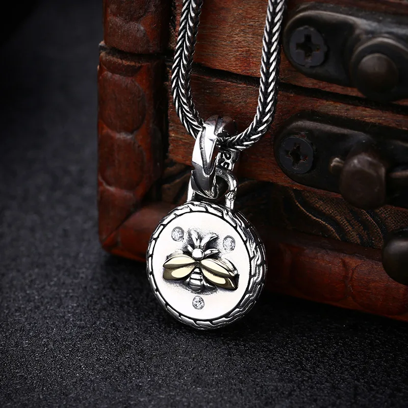 

S925 Sterling Silver Bees Pendant Black Color White Stone Zircon Unisex Small Charm Fine Jewelry FYNE360