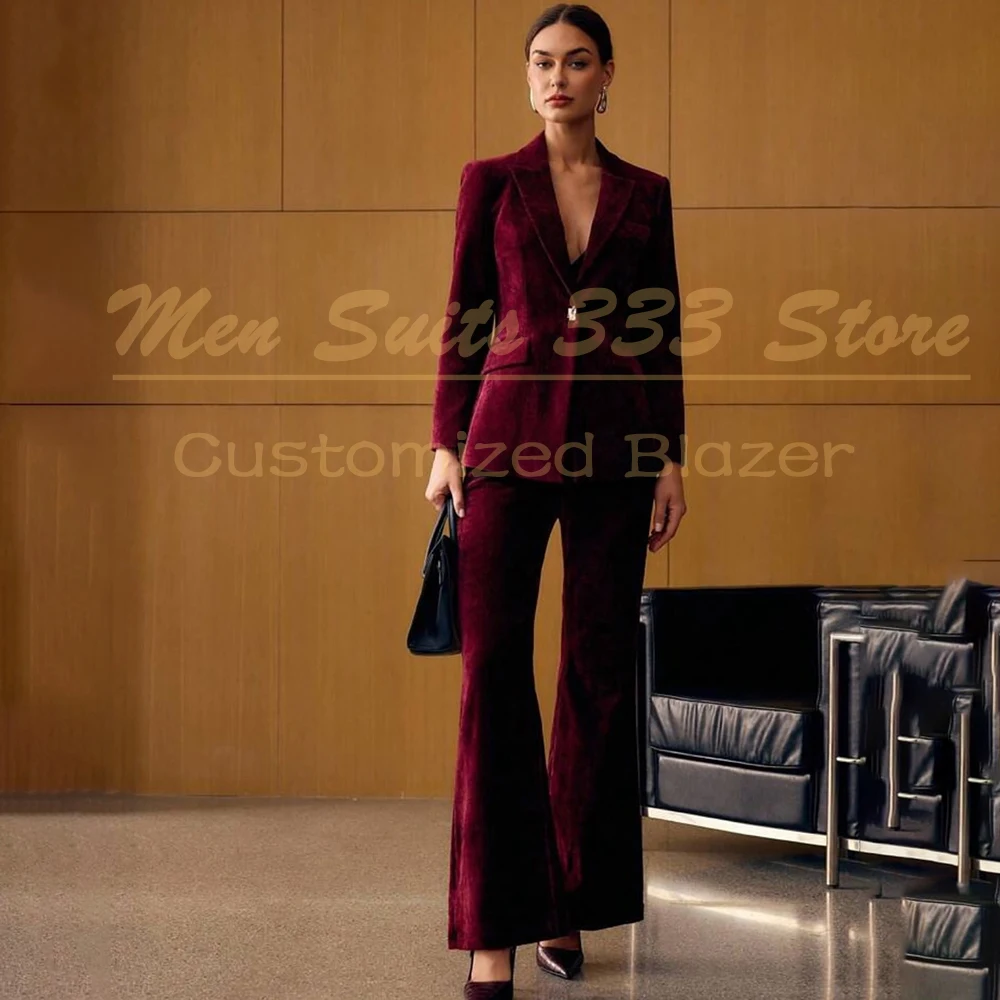

Burgundy Women's Velvet Suits Fashion One-Button Peak Lapel Slim Fit 2 Piece Jacket Pants Blazer Elegant Female Outfits Costume