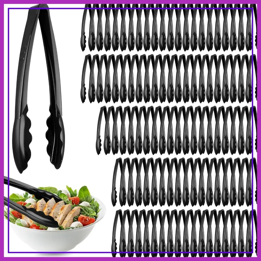 

100 Pcs Plastic Serving Tongs, 9 Inch Heavy Duty Disposable Tongs for Buffet, BBQ, Kitchen & Catering (Black)