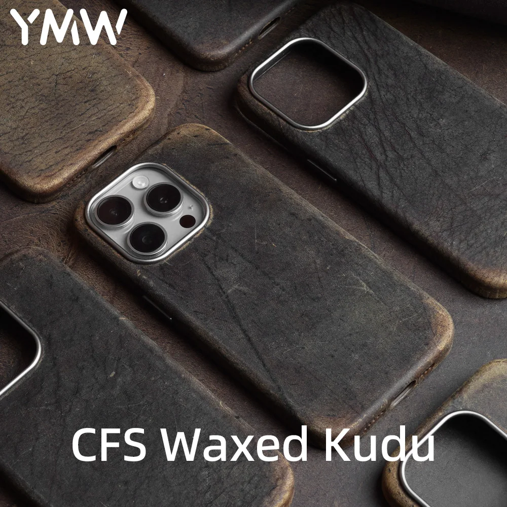 

YMW Charles F Stead Waxed Kudu Genuine Leather Case for iPhone 15 Pro Max 14 Luxury Genuine Leather Handmade Phone Cover.