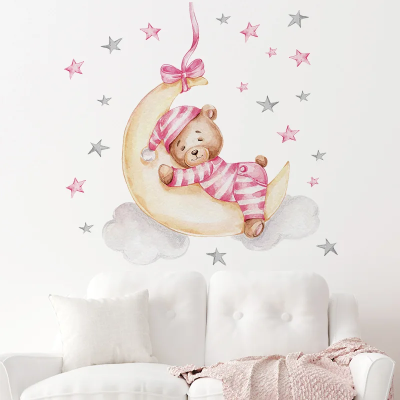 Adesivi murali per cameretta orsacchiotto che dorme sulla luna decalcomanie da parete per bambini camera da letto Baby Nursery Wall Sticker