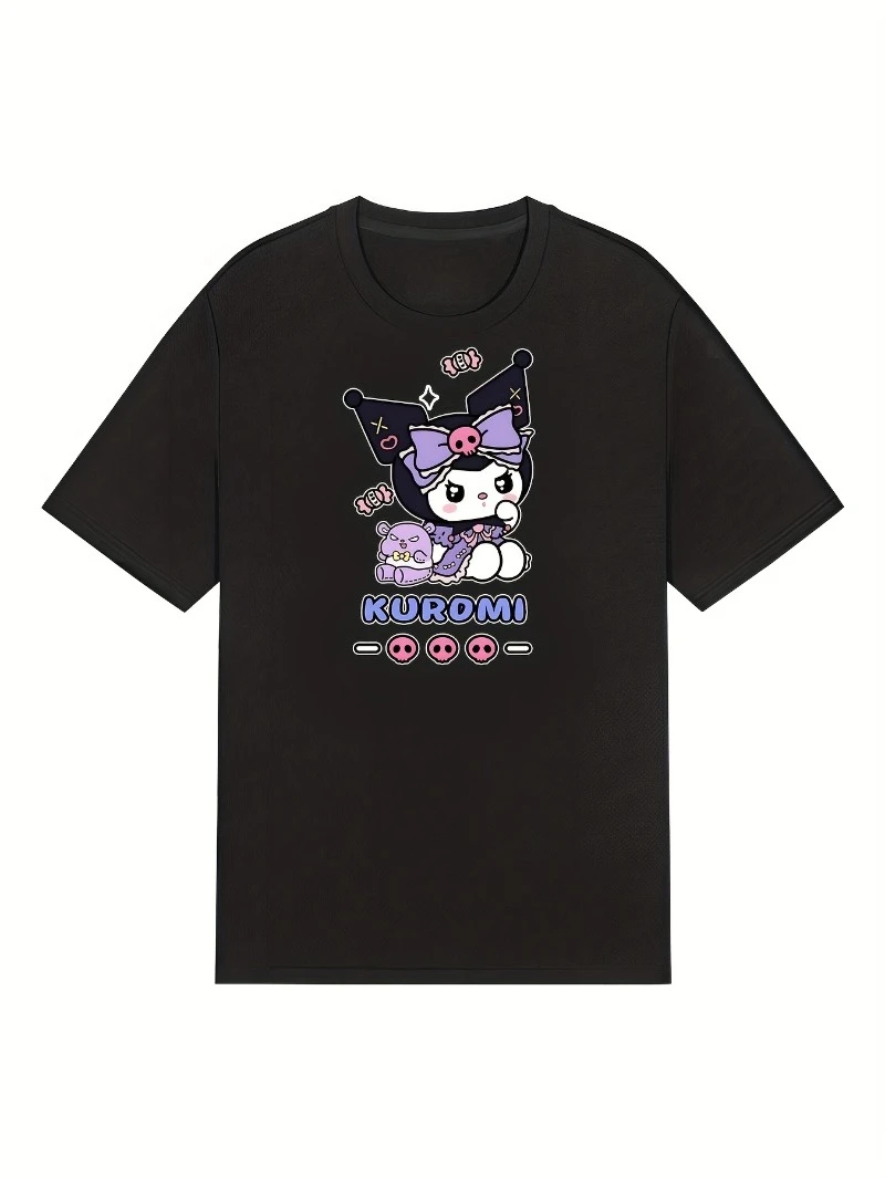 

Sanrio Black Rice Cute Character Pattern Cotton T-shirt Round Neck Short Sleeve White Casual Summer Youth T-shirt, Kuromi