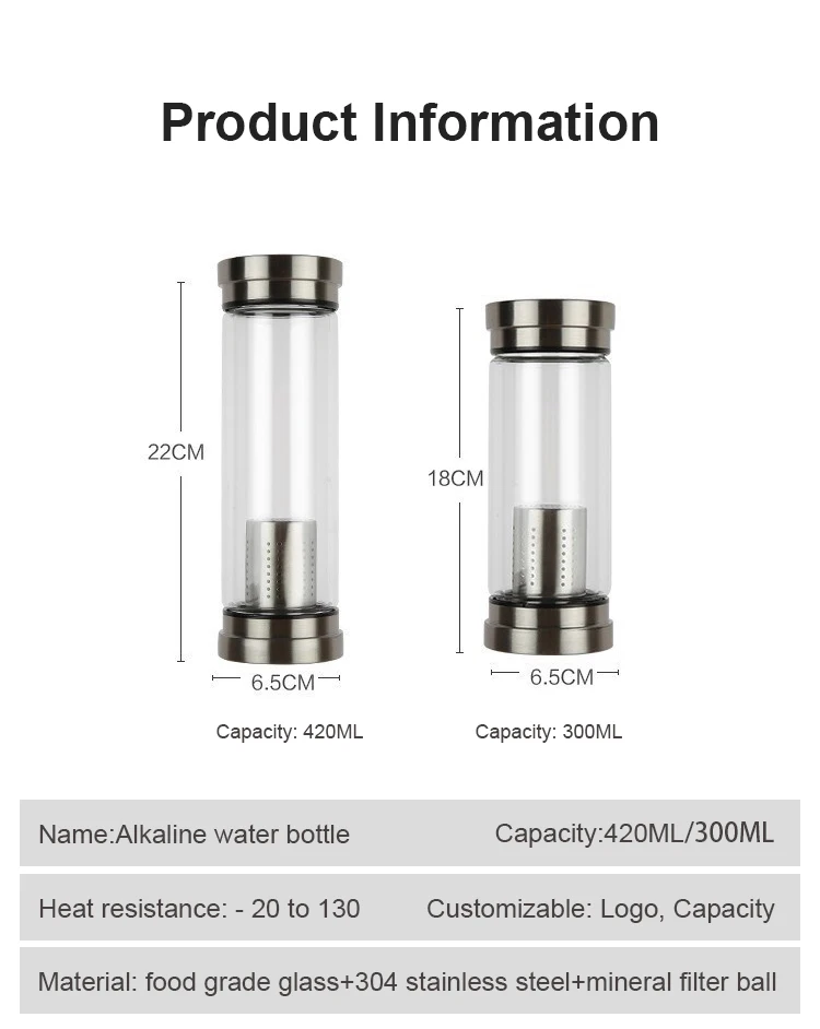 Garrafa de água com tampa dupla de vidro, uma garrafa de água de vidro simples com um filtro de viagem de 300/420 ml