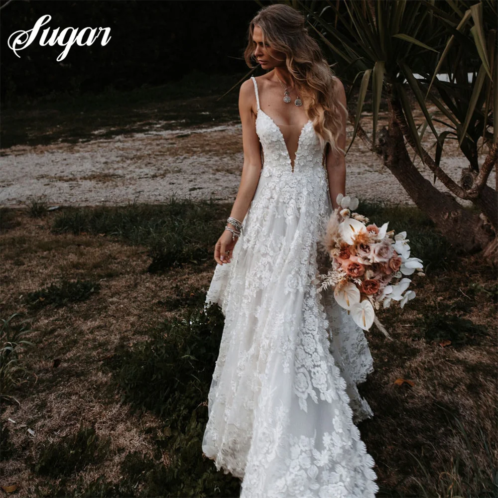 Vestido de novia de corte en A con cuello en V, traje de Novia de encaje, talla Simple, hecho a medida