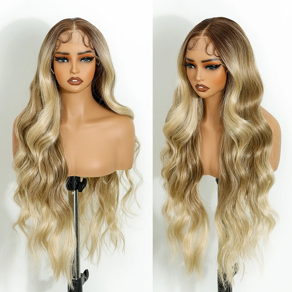 FREEDOM Synthetic Lace Frontal Wigs For Women 30 Inch Long Body Wave 13x4 Lace Front Wig Ombre Brown Blonde Cosplay Wigs