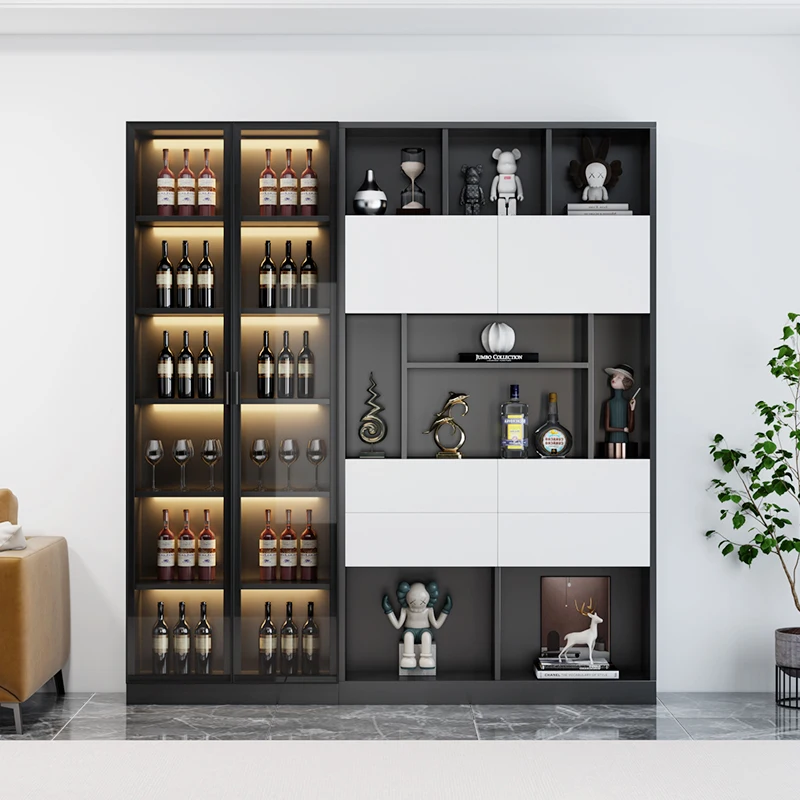 The wine cabinet in the home against,and the floor-to-ceiling glass door bookcase wine cabinet are integrated display cabinets