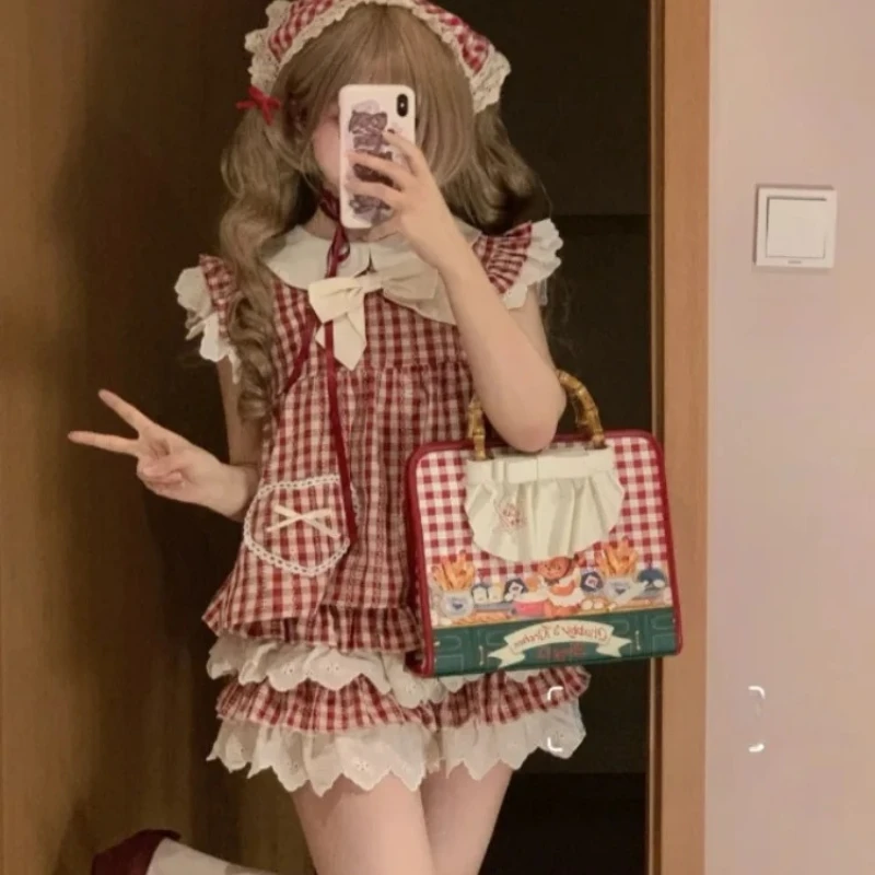 تحلق كم قميص عالية الخصر الدانتيل لصق منتفخ تنورة خمر فتاة لوليتا دمية الرقبة منقوشة 2025 مجموعة قطعتين مجموعات النساء sedf3 #1